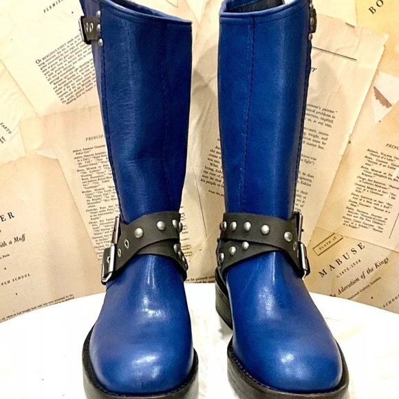 Free People We The Free Janey Engineer Boot Turkish Sea Blue Brown Trim - Picture 11 of 11